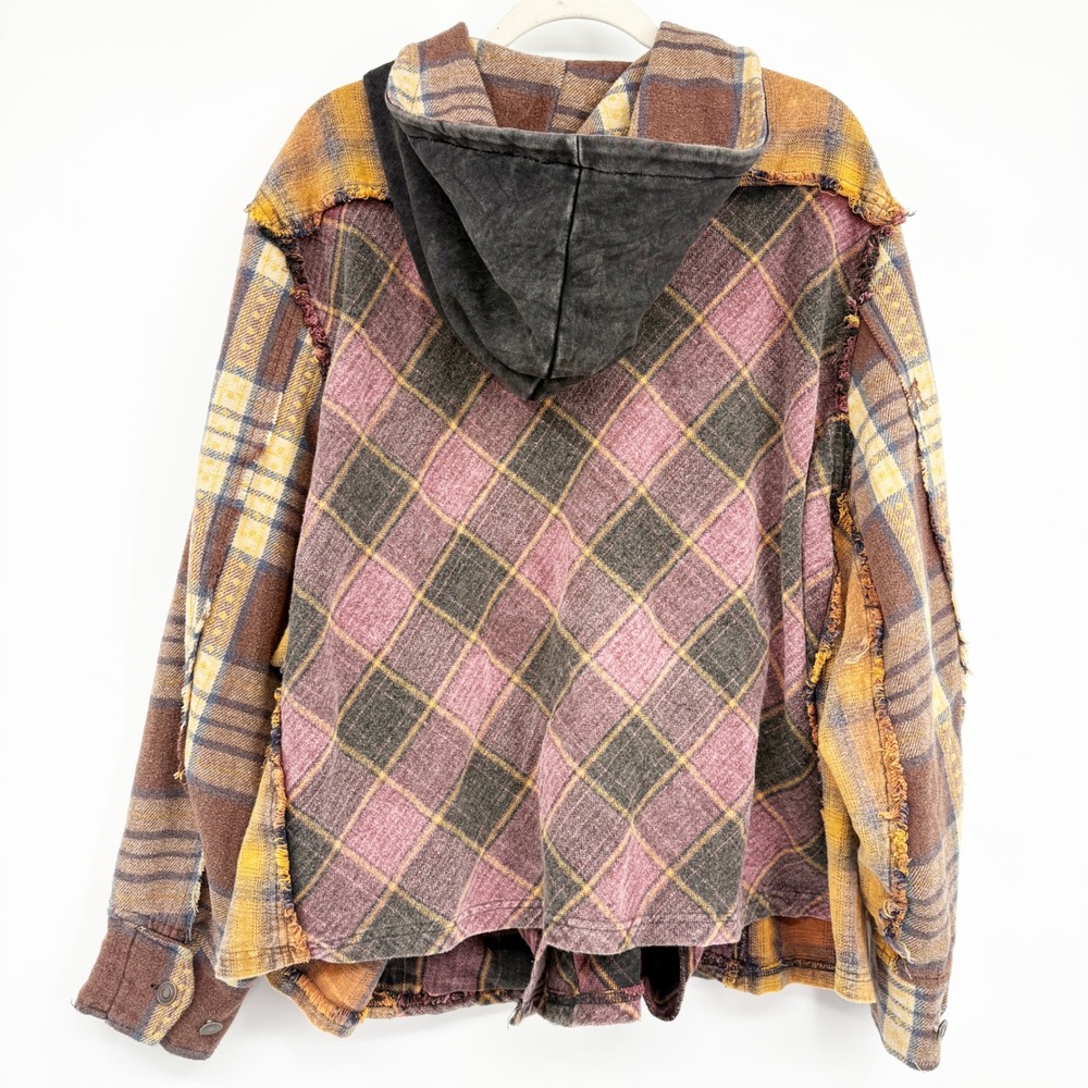 Oli & Hali Women Plaid Distressed Patchwork Boho Grunge Flannel Hooded Shacket L - Picture 8 of 8